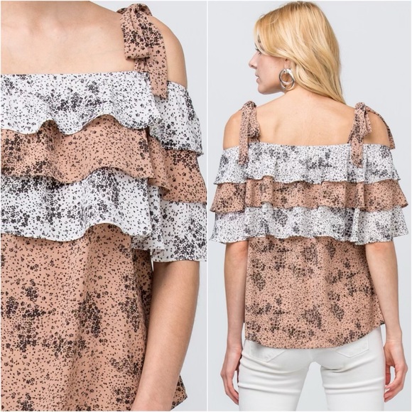 New Adorable Off The Shoulder Mocha Brown, Ivory Tiered Ruffle Floral Print Top - Picture 3 of 5